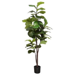 Artificial fiddle leaf fig tree in a black pot with large, lush green leaves.