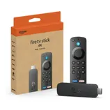 Amazon Fire TV Stick 4K with 8 GB storage and Wi-Fi 6, featuring a remote control with buttons for popular streaming services like Netflix and Prime Video.