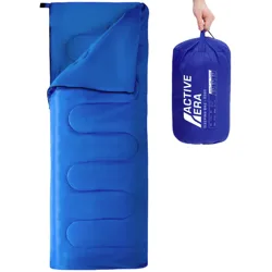 A blue sleeping bag with a rectangular design, featuring a compression sack for compact storage. The bag is branded \“Active Era\“ and is labeled E200.