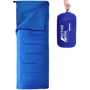 A blue sleeping bag with a rectangular design, featuring a compression sack for compact storage. The bag is branded \“Active Era\“ and is labeled E200.