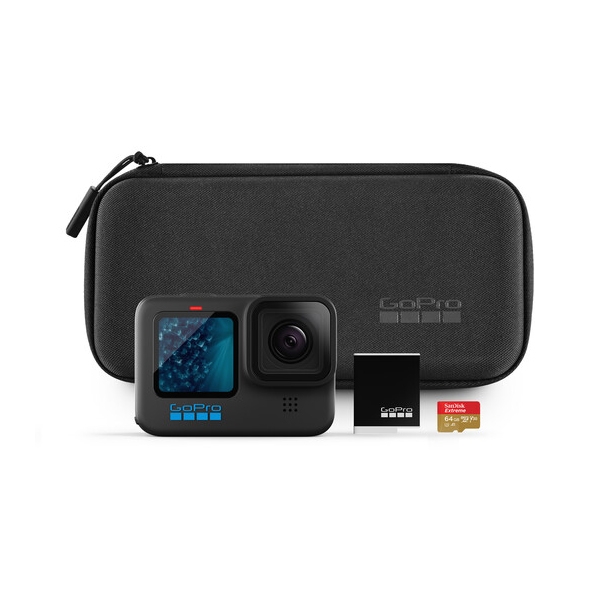 GoPro Hero11 Bundle includes a GoPro Hero11 camera, a black carrying case, a rechargeable battery, and a 64GB SanDisk microSD card.