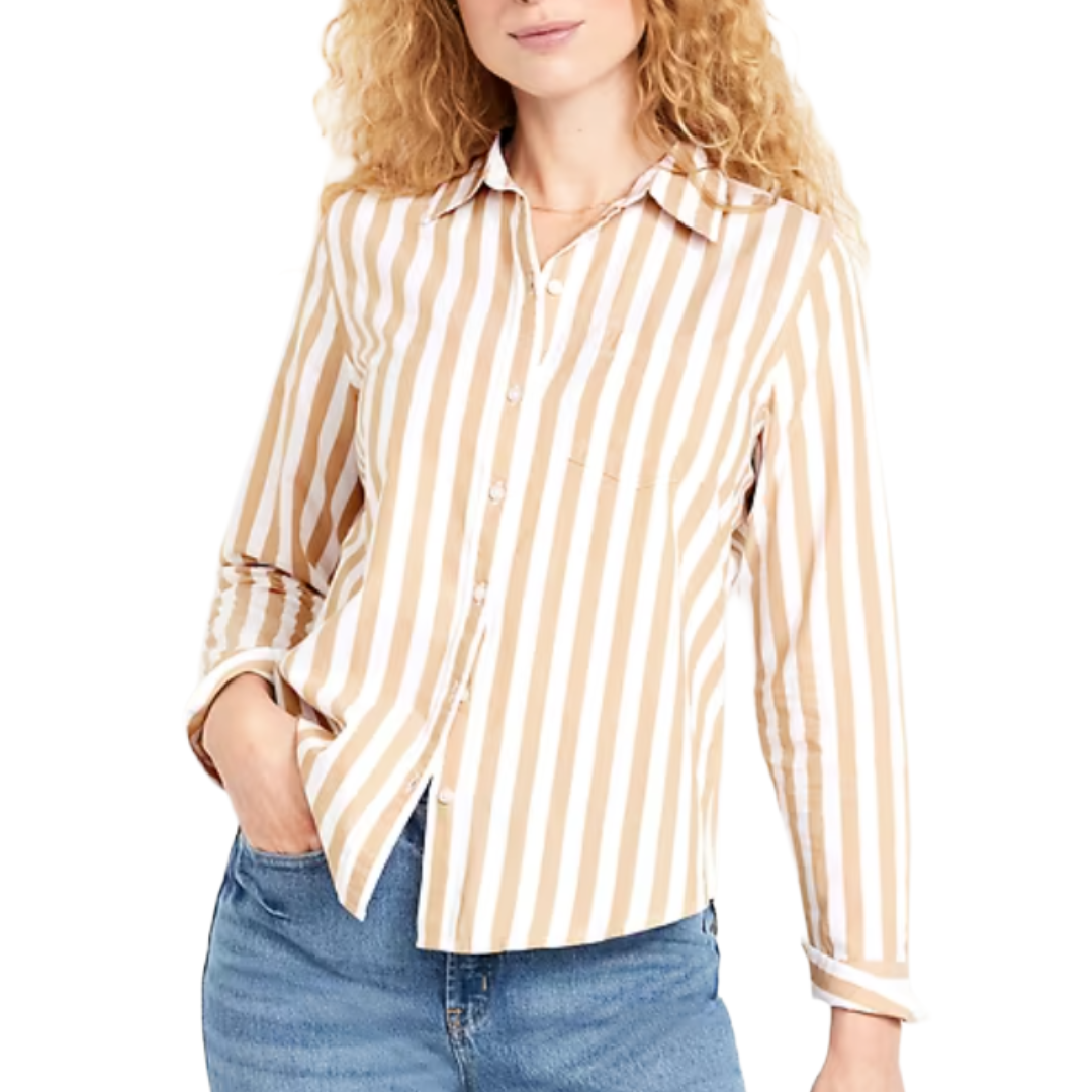 A beige and white vertically striped button-up shirt with long sleeves, paired with blue jeans.