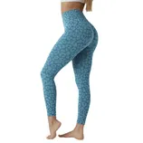 High-waisted blue leggings with a leopard print pattern, designed for a snug fit and comfort, shown from the side on a person standing on tiptoe.