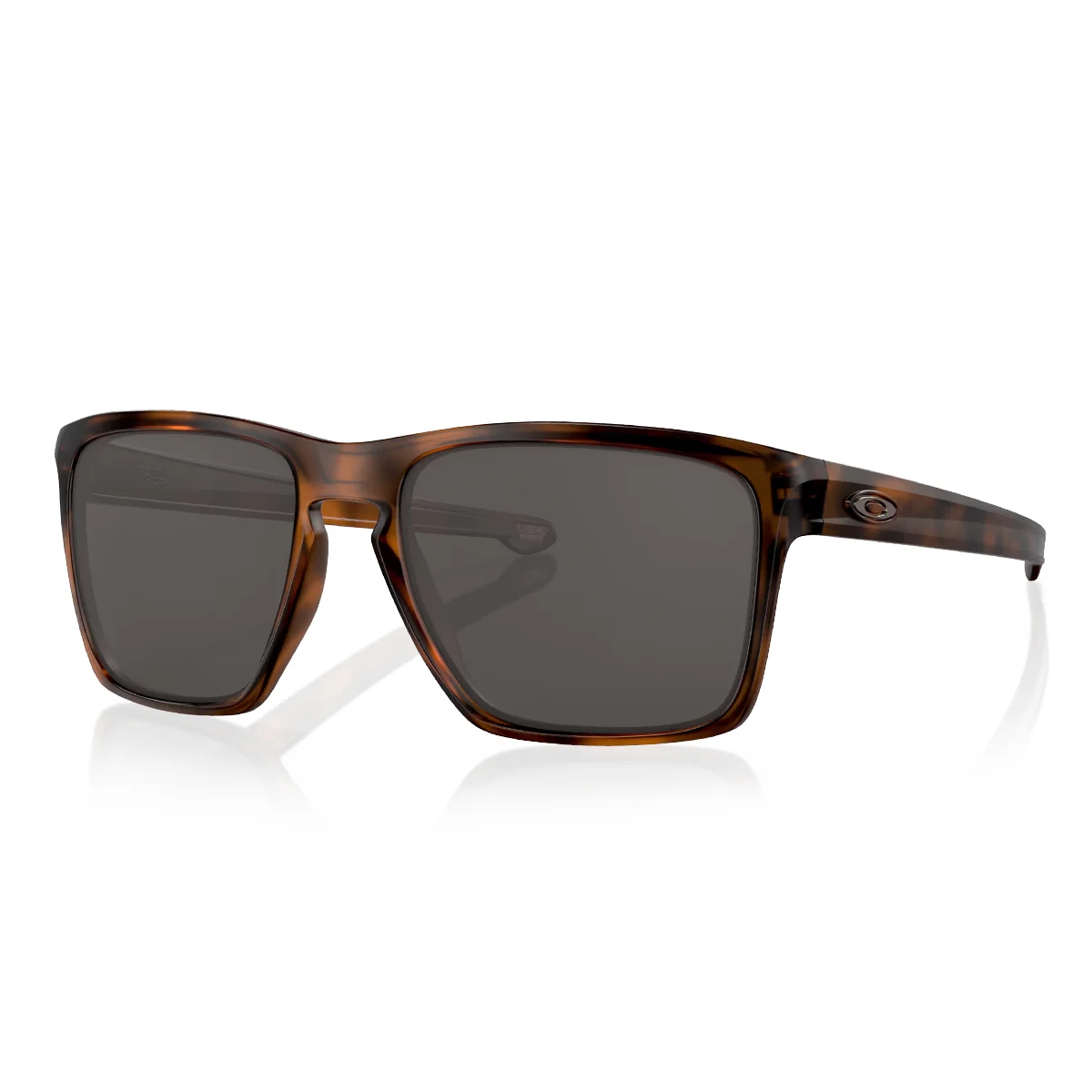 Brown tortoiseshell sunglasses with square lenses and a subtle logo on the temple.
