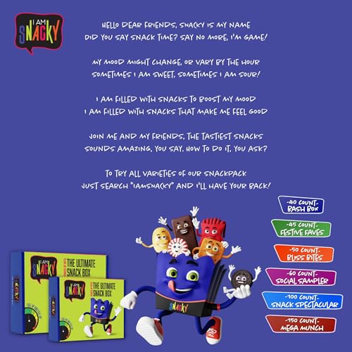 Snacky offers a variety of snack boxes with characters: 40-count Bash Box, 50-count Festive Faves, 60-count Bliss Bites, 100-count Social Sampler, and 450-count Mega Munch.