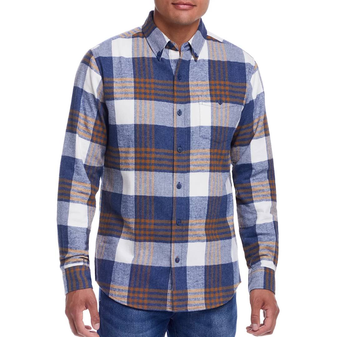 A Weatherproof Vintage flannel shirt with a plaid pattern featuring blue, white, and tan colors, with long sleeves and a button-up front.