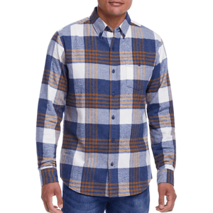 A Weatherproof Vintage flannel shirt with a plaid pattern featuring blue, white, and tan colors, with long sleeves and a button-up front.