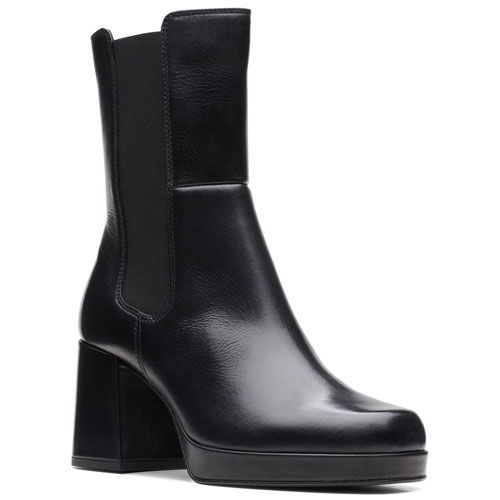 A sleek black leather ankle boot with a block heel and elastic side panels, designed for a stylish and comfortable fit.