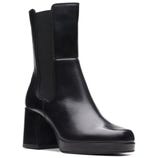 A sleek black leather ankle boot with a block heel and elastic side panels, designed for a stylish and comfortable fit.