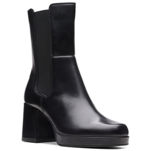 A sleek black leather ankle boot with a block heel and elastic side panels, designed for a stylish and comfortable fit.