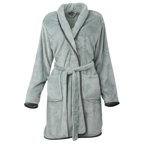 A light gray, plush bathrobe with black trim, featuring a shawl collar, tie belt, and two front pockets.