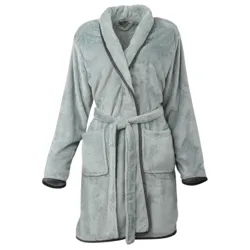 A light gray, plush bathrobe with black trim, featuring a shawl collar, tie belt, and two front pockets.