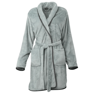 A light gray, plush bathrobe with black trim, featuring a shawl collar, tie belt, and two front pockets.