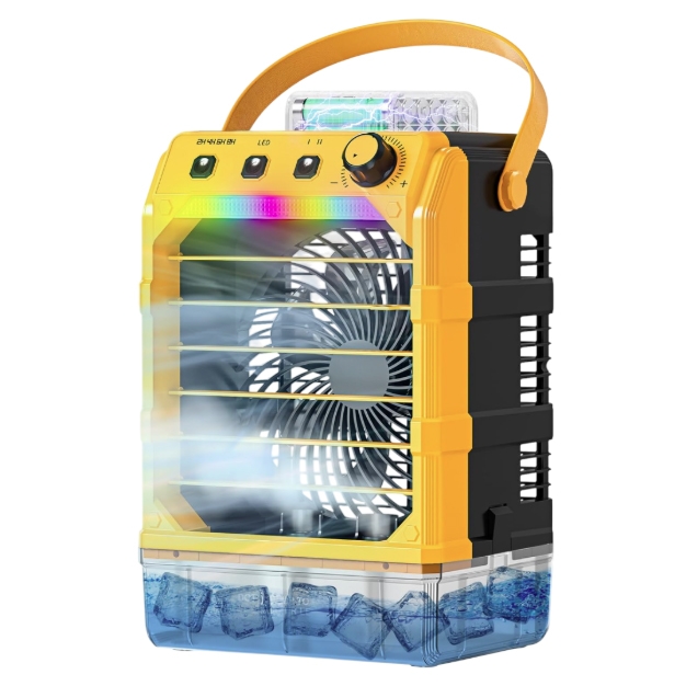 A portable misting fan with a yellow and black design, featuring a carrying handle, visible ice cubes at the base, and controls on top, including switches and a dial. It emits mist through the front fan, which is encased in horizontal slats.