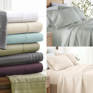 Stacked bed sheets in various colors and patterns, and beds made with sheets and blankets.