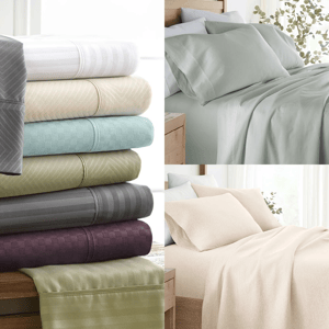 Stacked bed sheets in various colors and patterns, and beds made with sheets and blankets.