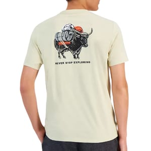 A beige T-shirt featuring a graphic of a buffalo carrying camping gear with the text \“Never Stop Exploring\“ on the back.