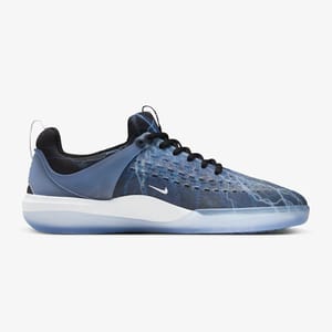 A blue Nike sneaker with a white swoosh logo and a white sole.