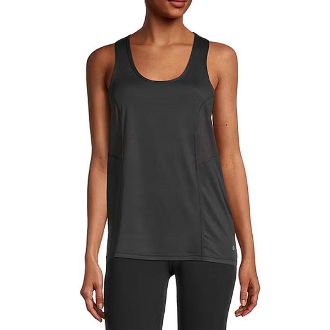 A sleeveless black athletic tank top paired with black leggings, featuring mesh panels on the sides for breathability.