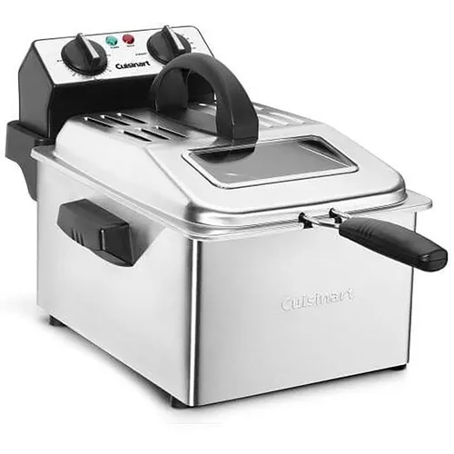 This is a stainless steel Cuisinart deep fryer with dials for temperature and timer control, a lid with a small viewing window, and a handle on the frying basket.