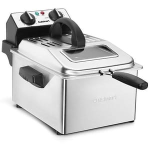 This is a stainless steel Cuisinart deep fryer with dials for temperature and timer control, a lid with a small viewing window, and a handle on the frying basket.