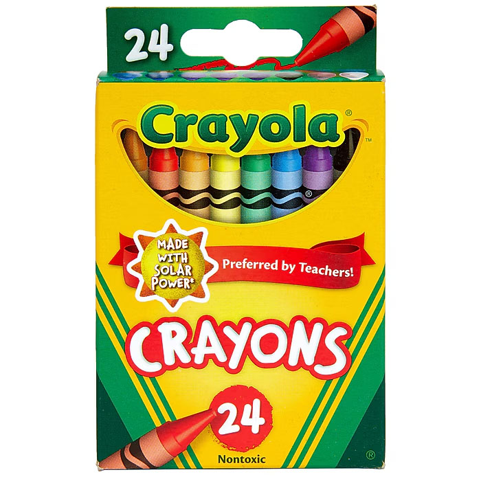 Crayola pack of 24 non-toxic crayons, made with solar power and preferred by teachers.