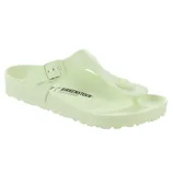 A light green Birkenstock sandal with a thong design, adjustable strap, and the brand's logo on the footbed.