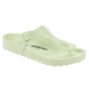 A light green Birkenstock sandal with a thong design, adjustable strap, and the brand's logo on the footbed.