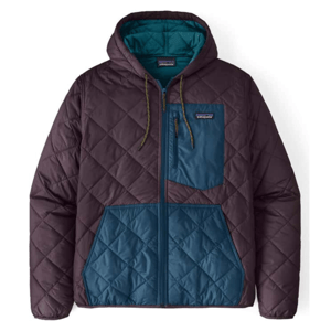 Two-toned quilted jacket with a hood, featuring a zipper closure and a chest pocket with a logo patch.