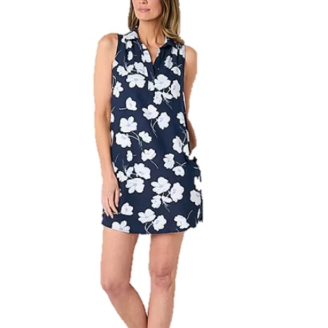 Sleeveless navy dress with a white floral pattern, featuring a collared neckline and short hemline.