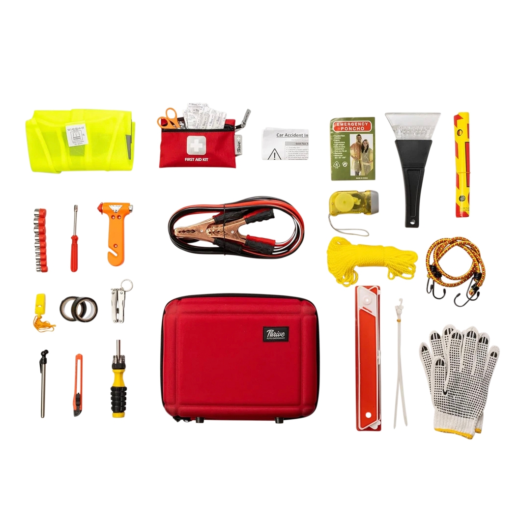 104pc Auto Emergency Kit: Includes jumper cables, first aid kit, reflective vest, ice scraper, emergency poncho, flashlight, gloves, multi-tool, bungee cords, tire pressure gauge, safety hammer, screwdriver, zip ties, whistle, and more essentials for car emergencies.