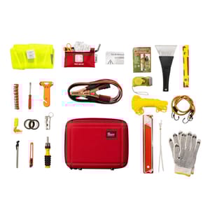 104pc Auto Emergency Kit: Includes jumper cables, first aid kit, reflective vest, ice scraper, emergency poncho, flashlight, gloves, multi-tool, bungee cords, tire pressure gauge, safety hammer, screwdriver, zip ties, whistle, and more essentials for car emergencies.