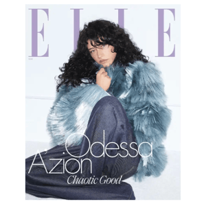 A fashion magazine cover features a person in a light blue faux fur coat and dark pants, with the name Odessa A'zion and the phrase \“Chaotic Good\“ displayed prominently.
