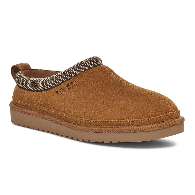 Tan slip-on slipper with a textured knit collar and rubber sole, featuring the Koolaburra by UGG logo on the side.
