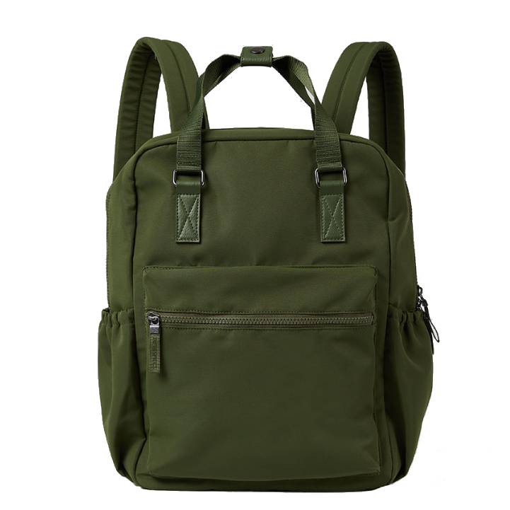 A green backpack featuring multiple compartments, including a front zipper pocket and two side pockets. It has adjustable straps, a top handle, and is designed for outdoor use.
