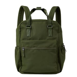 A green backpack featuring multiple compartments, including a front zipper pocket and two side pockets. It has adjustable straps, a top handle, and is designed for outdoor use.