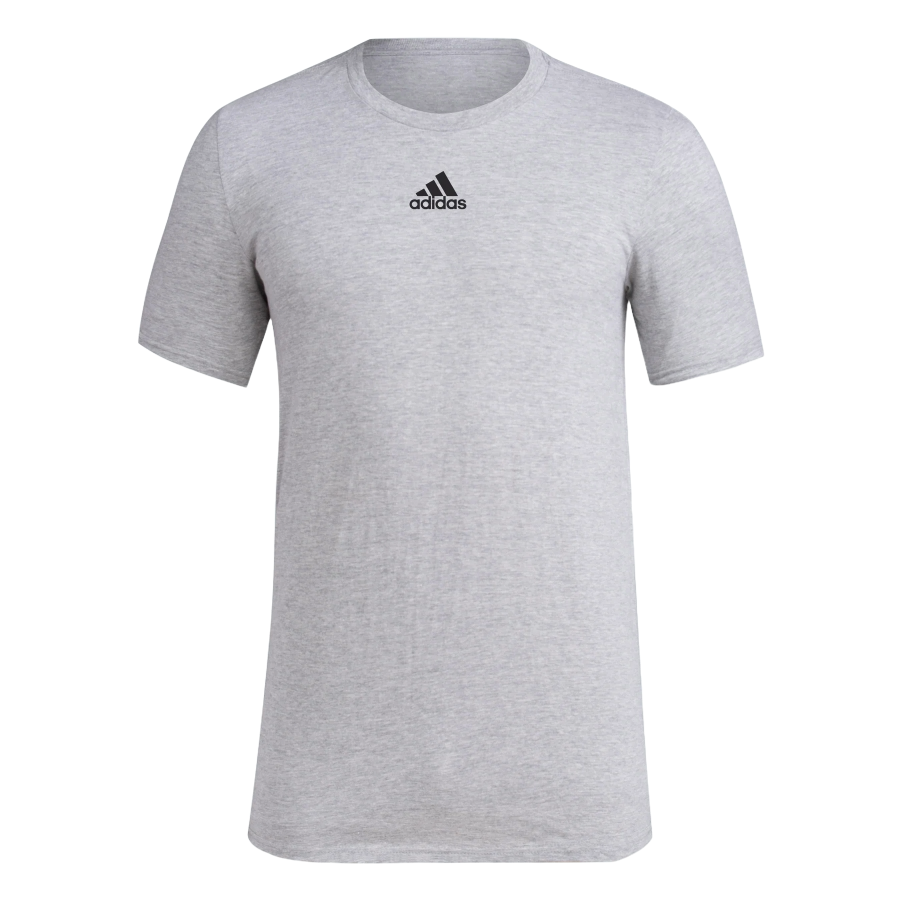 Gray Adidas men's tee with a small black logo on the chest; short sleeves and a round neck, made from stretchy fabric for comfort.