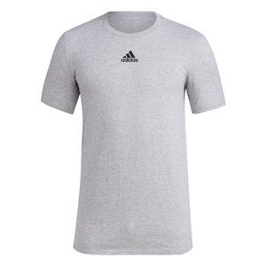 Gray Adidas men's tee with a small black logo on the chest; short sleeves and a round neck, made from stretchy fabric for comfort.