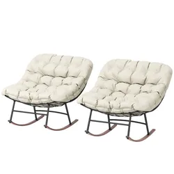 Two beige tufted cushioned rocking chairs with metal frames and wooden rockers.