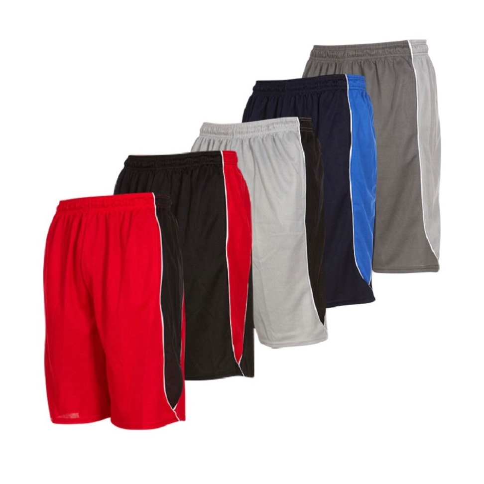 Five pairs of men's athletic shorts in red, black, gray, blue, and dark gray colors, each with contrast side panels and an elastic waistband.