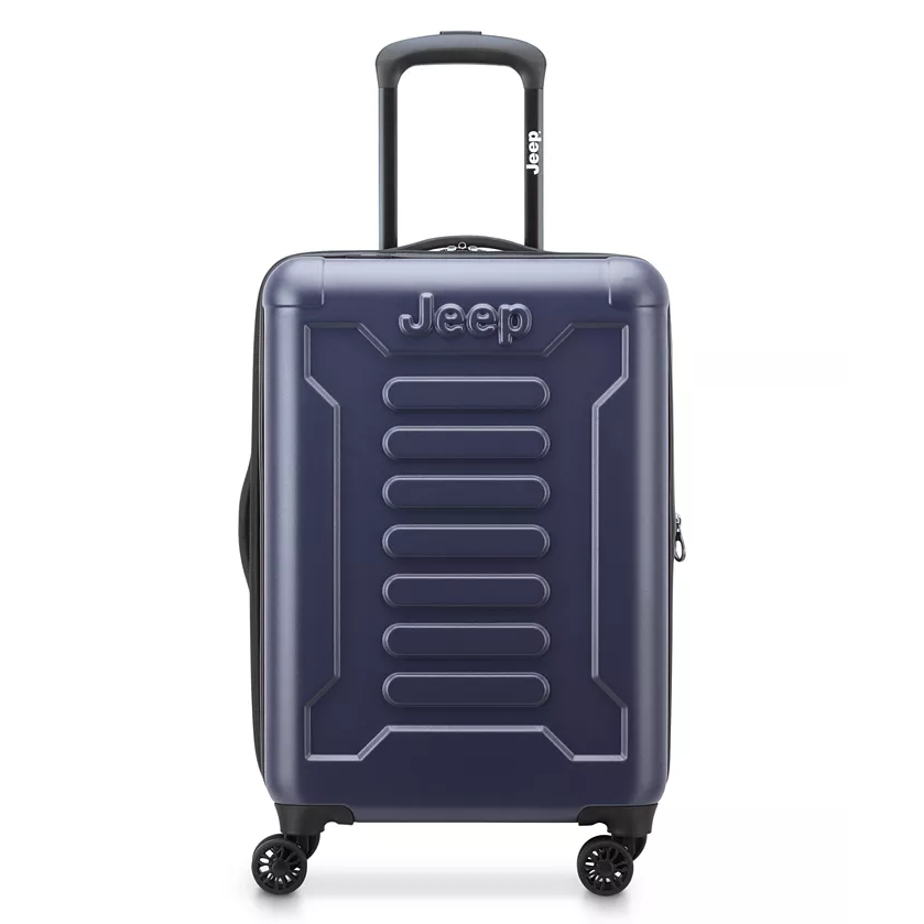 The Jeep 20\“ Expandable Hardside Luggage features a sleek, durable design with four spinner wheels, a retractable handle, and Jeep branding on the front. It's compact and suitable for travel, offering ample space and security with its hard shell.