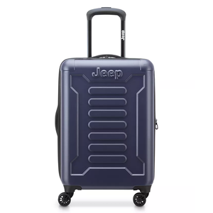 The Jeep 20\“ Expandable Hardside Luggage features a sleek, durable design with four spinner wheels, a retractable handle, and Jeep branding on the front. It's compact and suitable for travel, offering ample space and security with its hard shell.