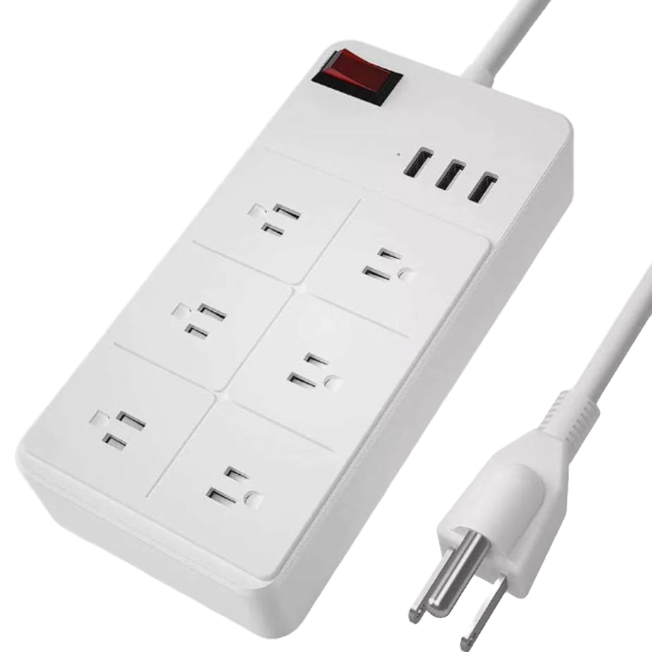 This is a white surge protector strip with eight outlets and two USB ports, featuring an on/off switch.