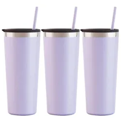 Three lavender tumblers with black lids, stainless steel rims, and matching straws.