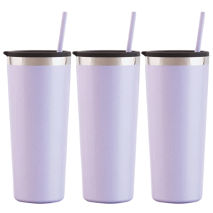 Three lavender tumblers with black lids, stainless steel rims, and matching straws.