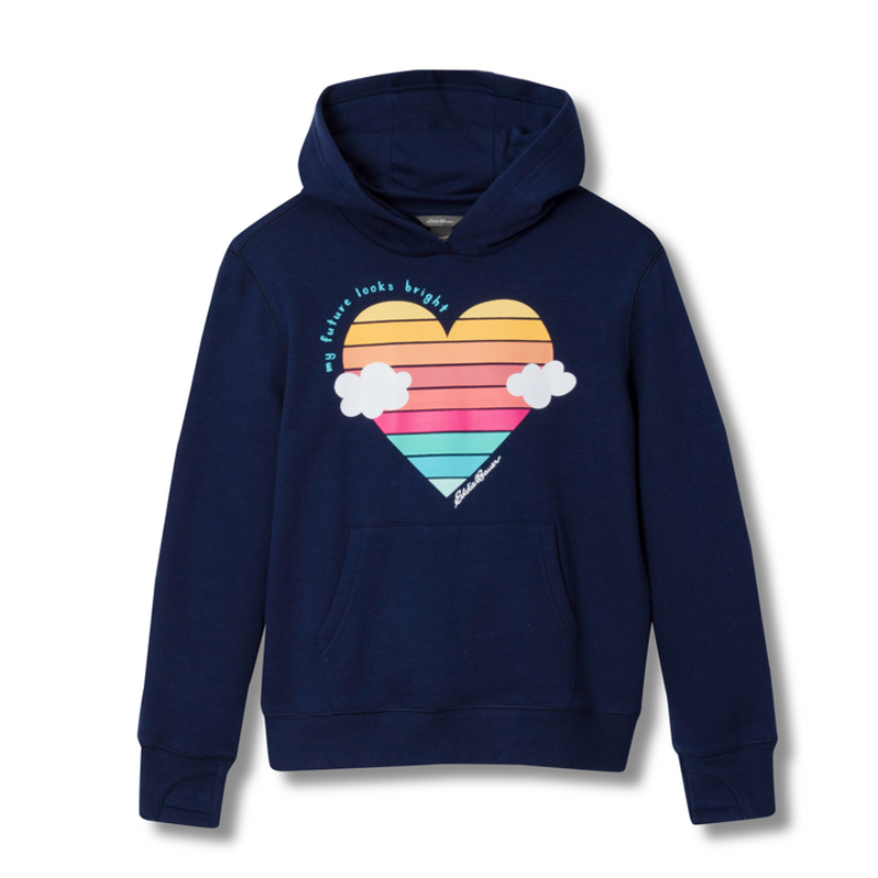 Navy blue hoodie with a colorful heart graphic featuring stripes, clouds, and the text \“my future looks bright\“ above. Includes a front pocket and a hood.