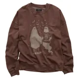 Brown sweatshirt with a design of two cartoon ghosts holding hands, one in a sheet and the other with a visible skeleton, surrounded by flying bats.