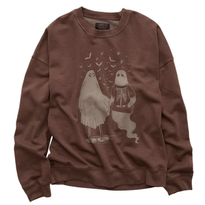 Brown sweatshirt with a design of two cartoon ghosts holding hands, one in a sheet and the other with a visible skeleton, surrounded by flying bats.