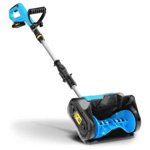 A blue and black cordless snow thrower with an ergonomic handle features a lightweight design and auger for clearing snow from paths. It has an adjustable telescopic shaft for user comfort and easy storage.