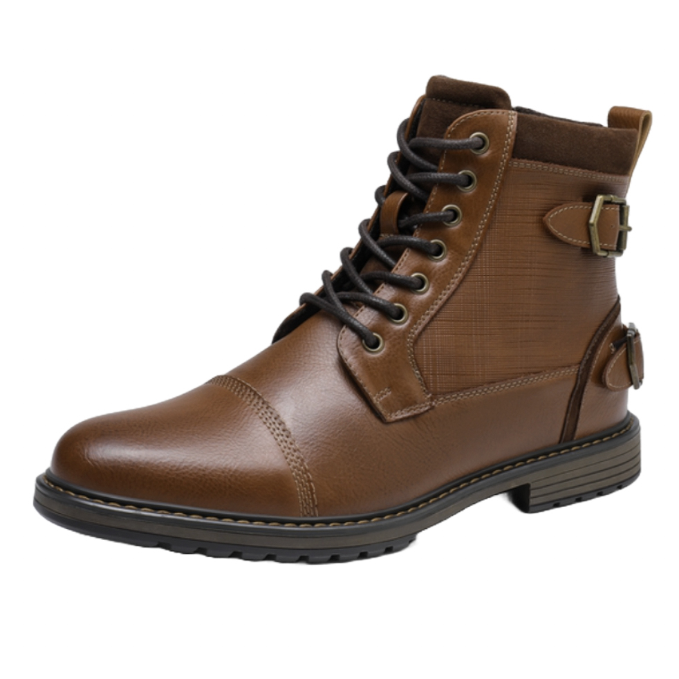 Brown men's oxford boots with a lace-up design, featuring stitched detailing, metal eyelets, and decorative side buckles. The boots have a slightly rugged rubber sole for grip and style.